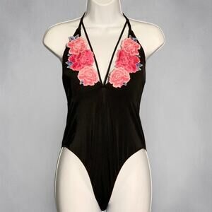 Victoria's Secret Floral Swimsuit One Piece Black Halter Applique Roses Y2K Sz M